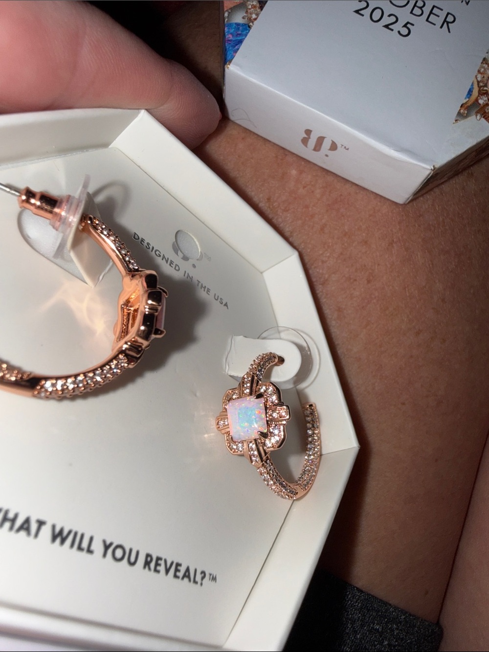 October 2025 Rose Gold Opal Hoop Earrings - Picture 3 of 6